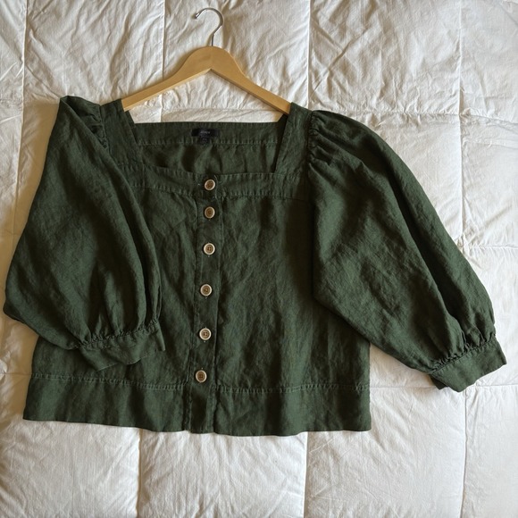 J. Crew Tops - J Crew Square Neck Button Front Balloon Sleeve Linen Top Womens XXL Dark Green